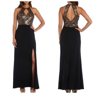 Nightway Black and‎ Gold Metallic Keyhole Gown NWT Size 8